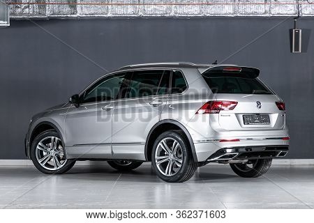 Novosibirsk/ Russia - March 15 2020: Volkswagen  Tiguan,  Mid-range City Suv, Front View. New Gray  