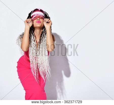 Attractive Lady With African Dreadlocks Pigtails, In Pink Top And Skirt. Girl Hold Transparent Sun V