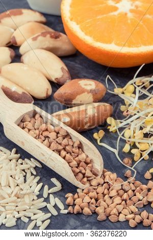 Inscription Hashimoto With Nutritious Natural Products And Ingredients Containing Vitamins For Healt