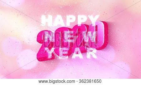 Illustration Happy New Year 2020 With Text Simple Shadow Style With Pink Color Bokeh Blur And Firewo