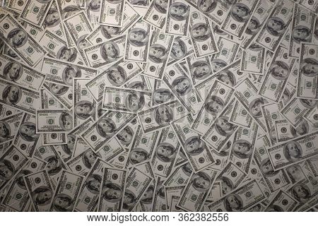 Group Of Money Stack Of 100 Us Dollars Banknotes A Lot Of The Background Texture Top View