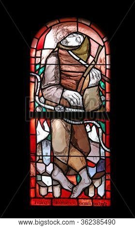 HOHENBERG, GERMANY - MAY 06, 2014: Saint Francis of Assisi, stained glass window by Sieger Koder in St. James church in Hohenberg, Germany