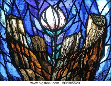 HOHENBERG, GERMANY - MAY 06, 2014: The prophet Isaiah, detail of stained glass window by Sieger Koder in St. James church in Hohenberg, Germany