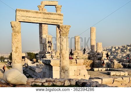 Amman, Jordan - February 15, 2020. Unidentified People At Sunset In Amman Citadel, Jordan. The Amman