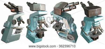 Images Of Blue Professional Microscope With Fictive Design Isolated On White - Photorealistic Medica