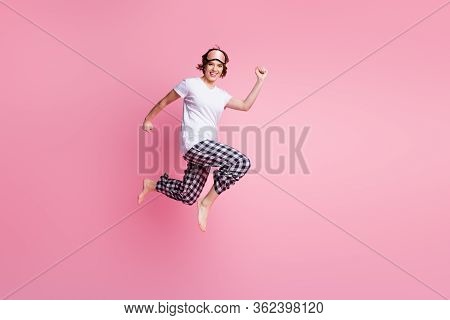 Full Length Photo Of Funny Lady Jump High Up Rush Low Prices Shopping Didnt Change Sleep Clothes Wea