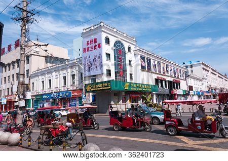 China, Heihe, July 2019: Transport. Central Pedestrian Street Of The Chinese City Of Heihe In Summer
