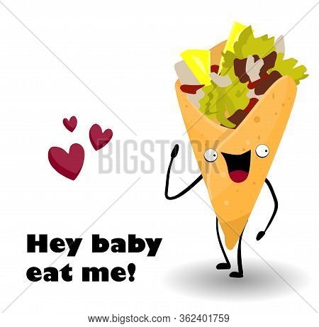 Shawarma Character. Buritto. Fast Food. Cartoon Food. Vector Illustration..