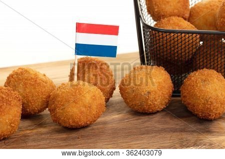 Dutch Traditional Snack Bitterbal On A Serving Board, Dutch Flag, Isolated