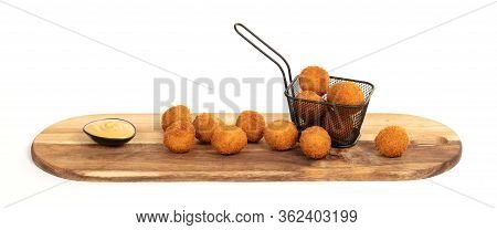Dutch Traditional Snack Bitterbal On A Serving Board, Isolated