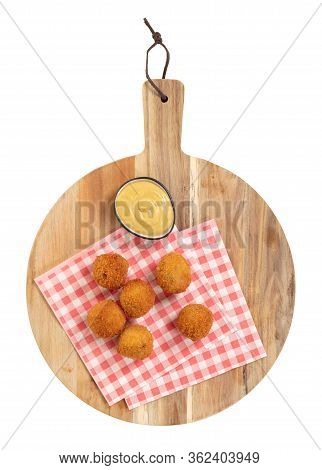 Dutch Traditional Snack Bitterbal On A Serving Board, Isolated