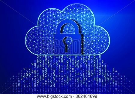 Lock, Padlock, And Cloud Computing Code. Blue Bytes Of Binary Code Flying Through A Vortex, Backgrou