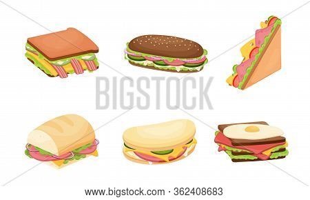 Set Of Delicious Juicy Sandwiches Filled With Vegetables, Cheese, Meat, Bacon. Vector Illustration I