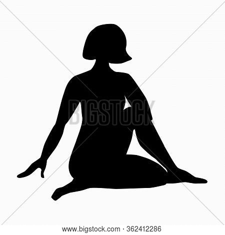 The Girl Sits On The Floor, Bending One Leg, Resting On Her Arm. Black Silhouette Of A Woman With A 