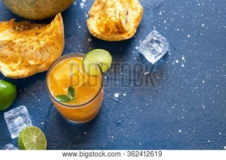 Exotic Fruit Juice From Bel Fruit Or Wooden Apple - Bel Ka Sharbat. Cold Fruit Drink With Ice, Lime,