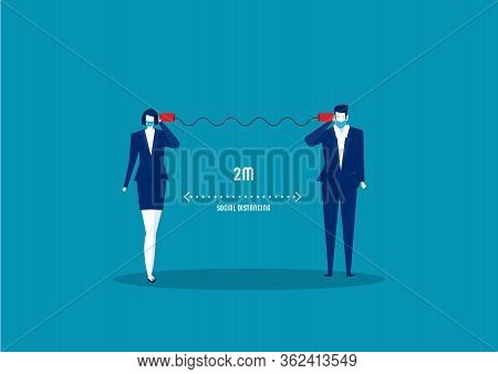 Two Business Communicating Through Tin Cans For Protect From Covid-19 Social Distancing Concept