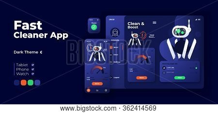 Fast Cleaner App Screen Vector Adaptive Design Template. Productivity Optimization Application Night