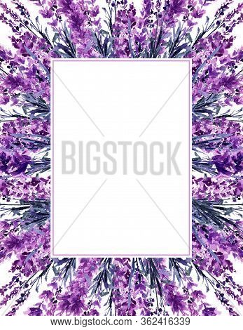 Lavender Flower Frame, Floral Purple Blossoms Watercolor On White Background. Lavender Frame Provenc