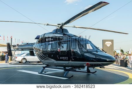 August 30, 2019 Zhukovsky, Russia. The Ansat Helicopter In The Aurus Design At The Maks-2019 Interna