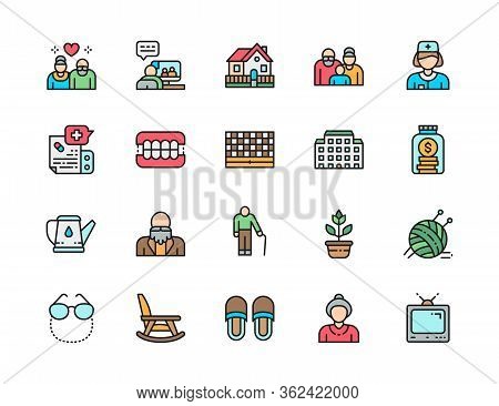 Set Of Nursing Home Flat Color Line Icons. Pensioner, Hospital, Seniors And More