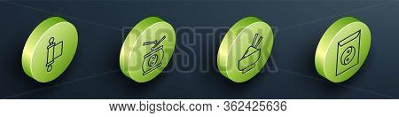 Set Isometric Decree, Paper, Parchment, Scroll, Chinese Drum, Rice In A Bowl With Chopstick And Yin 
