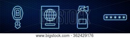 Set Line Fire Extinguisher, Car Key With Remote, Passport And Password Protection. Glowing Neon Icon