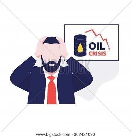 Vector Illustration Of Bussinessman With Beard And Tie In Stress And Panic With Down Price Statistic