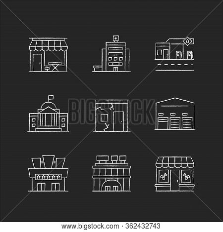 Urban Building Exteriors Chalk White Icons Set On Black Background. Cafe Exterior. Hospital Entrance