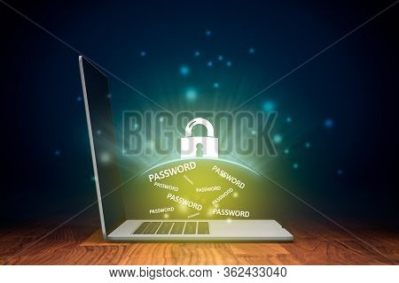 Notebook Password Protection By Antivirus And Cyber Security Concept. Notebook And Graphics Symboliz
