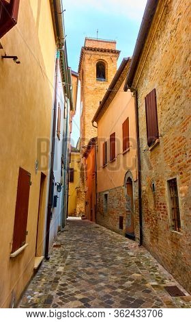 Perspective of old street in San Giovanni in Marignano, Italy - Italian cityscape, wide angle shot