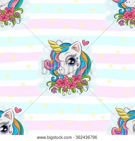 Cute Hand Drawn Funny Cute Unicorn Vector Pattern. Hand Drawn Vector Illustration With Unicorn Cute 