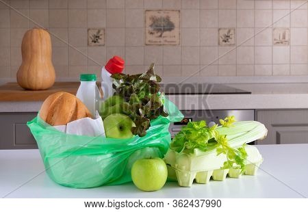 A Set Of Different Products On A Light Surface. Food Delivery, Self-isolation, Gratuitous Help Conce