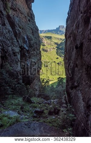 View From The Crack Near Mahai In The Drakensberg. The Sentinel And Part Of The Amphitheatre Are Vis