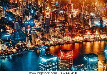 Shanghai, China - May 24, 2015: Beautiful And Office Skyscrapers,night View City Building Of Pudong,