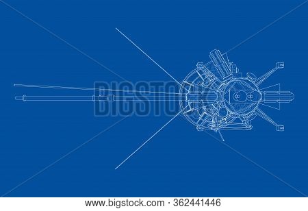Communication Satellite Concept Outline. Vector Rendering Of 3d. Wire-frame Style. The Layers Of Vis