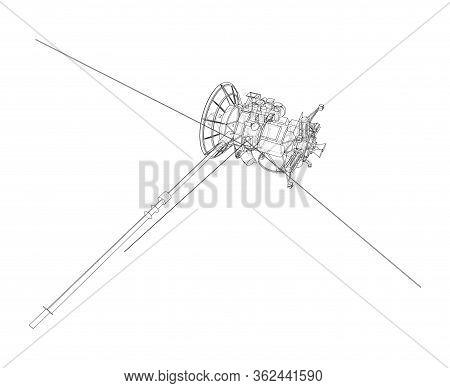 Communication Satellite Concept Outline. Vector Rendering Of 3d. Wire-frame Style. The Layers Of Vis