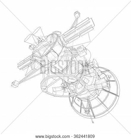Communication Satellite Concept Outline. Vector Rendering Of 3d. Wire-frame Style. The Layers Of Vis