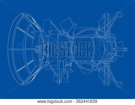 Communication Satellite Concept Outline. Vector Rendering Of 3d. Wire-frame Style. The Layers Of Vis