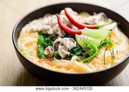 Spicy Rice Noodles Soup With Spices And Herbs (thai Tom Yum) In A Bowll, Asian Food