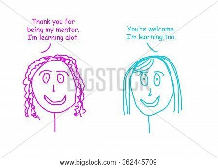 Color Cartoon Showing A Mentor And Mentee, Both Are Learning Alot.