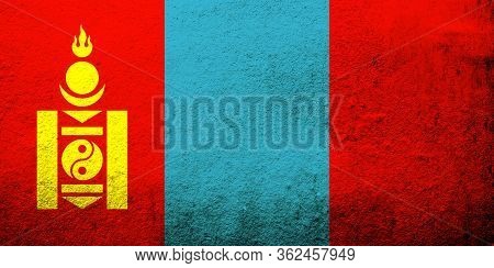 National Color Flag Of Mongolia. Grunge Background
