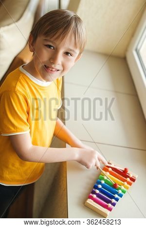 Cute Boy Playing With Xylophone At Home. Musical Education And Development. Musical Talent.