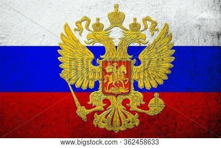 National Flag Of Russian Federation (russia) With Coat Of Arms. Grunge Background
