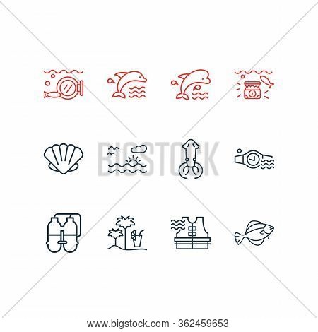 Vector Illustration Of 12 Maritime Icons Line Style. Editable Set Of Twin Tank, Sunset In The Sea, F