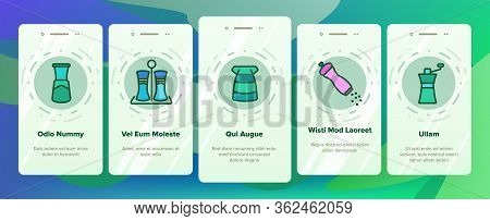 Grinder Pepper Salt Onboarding Icons Set Vector. Coffee Grinder Tool, Kitchen Utensil Or Restaurant 