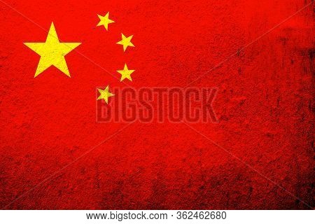 People's Republic Of China National Flag ( Five-star Red Flag). Grunge Background