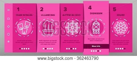 Vesak Day Buddhism Onboarding Icons Set Vector. Buddha Statue And Figure, Lotus Flower And Lantern, 
