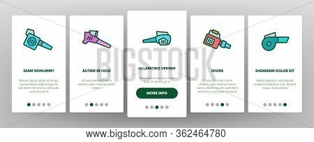 Leaf Blower Equipment Onboarding Icons Set Vector. Leaf Blower Electronic Device, Cleaning Blowing T
