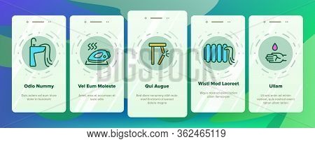 Household Dangers Onboarding Icons Set Vector. Short Circuit And Fire, Flood And Gas Leak, Balloon E