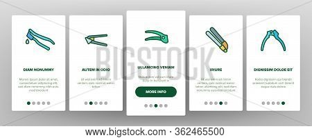 Garlic Press Utensil Onboarding Icons Set Vector. Garlic Press Kitchenware Equipment, Stainless Kitc